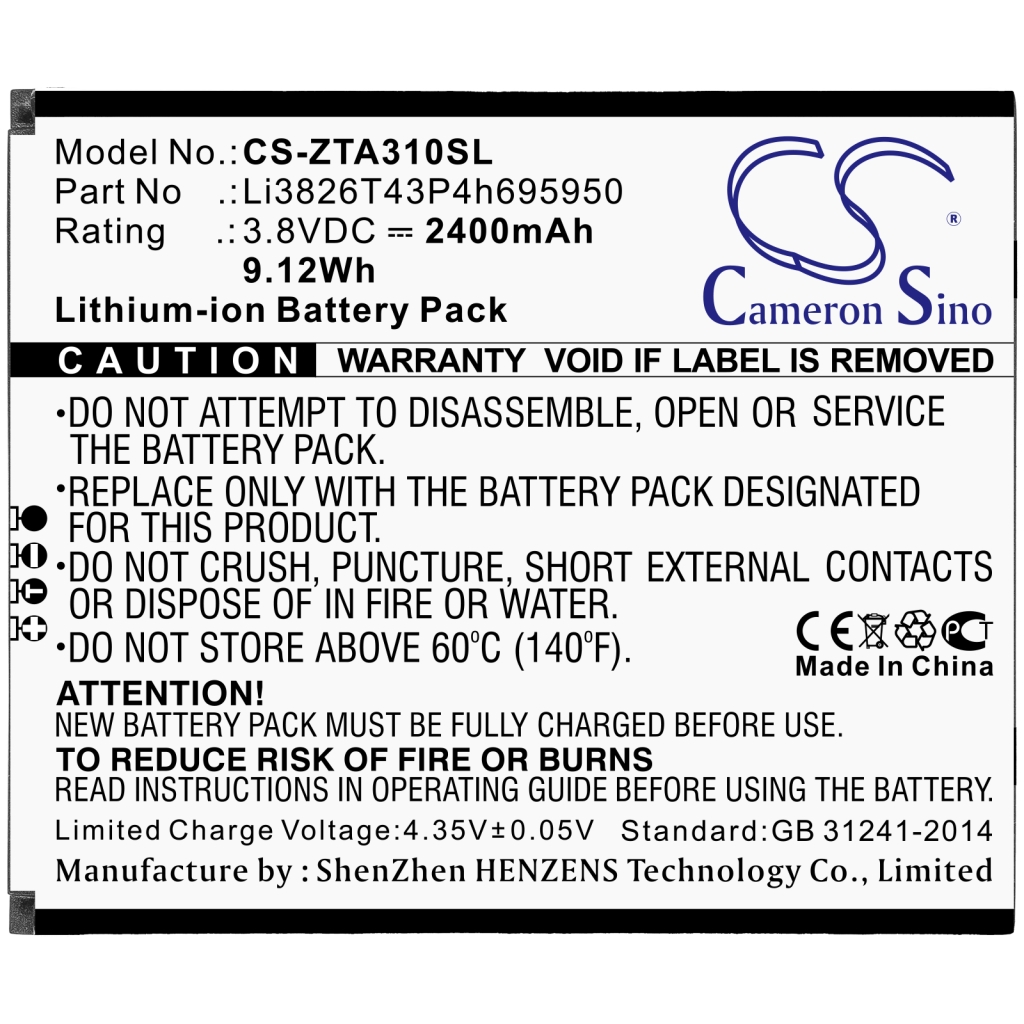 Compatible battery replacement for ZTE LI3826T43P4H695950